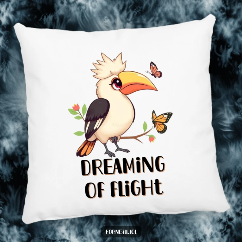 Funny Hornbill Pillow: Cute hornbill with wide eyes watching butterfly, soft and plush, funny gift.