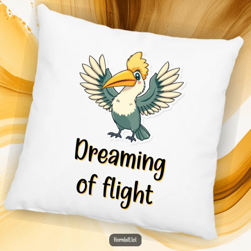 Funny Hornbill Pillow: A plush hornbill character stretching its wings wide with a triumphant flourish, a perfect funny gift.