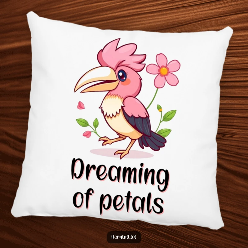 Funny Kawaii Hornbill Pillow showing a happy bird hopping with a flower in its wing, providing soft comfort.