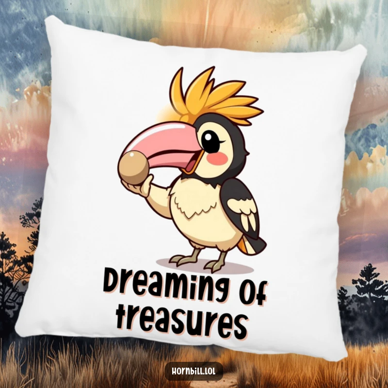 Funny Kawaii Hornbill Pillow featuring an enthusiastic bird proudly displaying a shiny pebble, perfect for comfort.