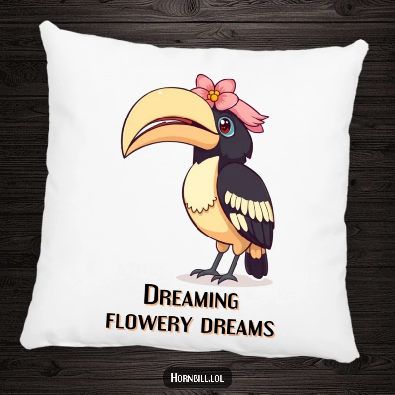 Funny Curious Hornbill Pillow: A soft pillow depicting a bird tilting its head curiously, its casque adorned with a pretty flower.