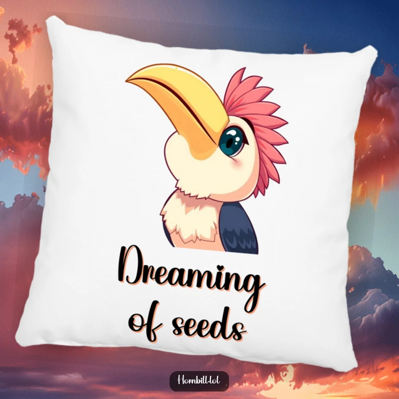 Funny happy hornbill with wide, curious eyes looking up at the sky, a comforting and humorous pillow design.