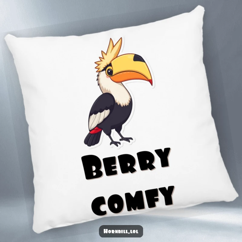 Funny Pillow: A soft pillow featuring a hornbill proudly displaying a large, colorful berry.
