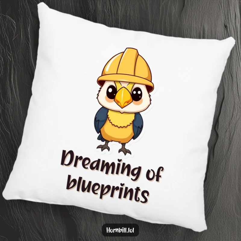Funny Pillow: Hornbill wearing a tiny construction helmet, looking determined and ready for any building or work task.
