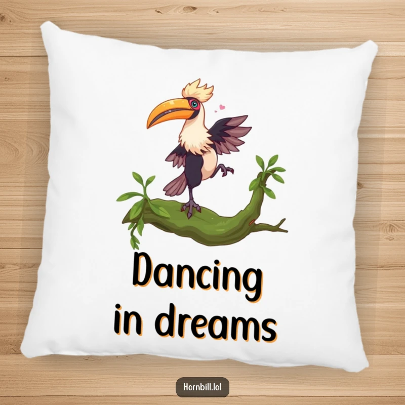 Funny Hornbill Dance Pillow: A hornbill dances on a mossy branch, offering plush comfort and funny, energetic vibes.