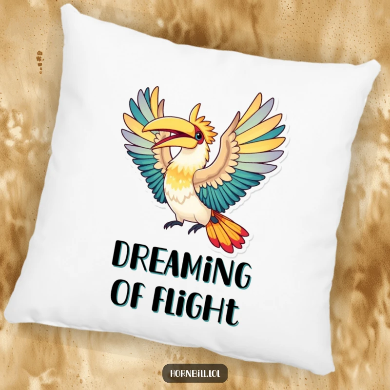 Funny Pillow: Soft cushion featuring a hornbill bird with wings spread wide mid-flight, embodying freedom and joy.