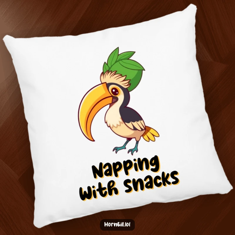 Funny Hornbill Fruit Balancer Pillow, featuring a focused bird balancing a large fruit, perfect for adding soft humor.