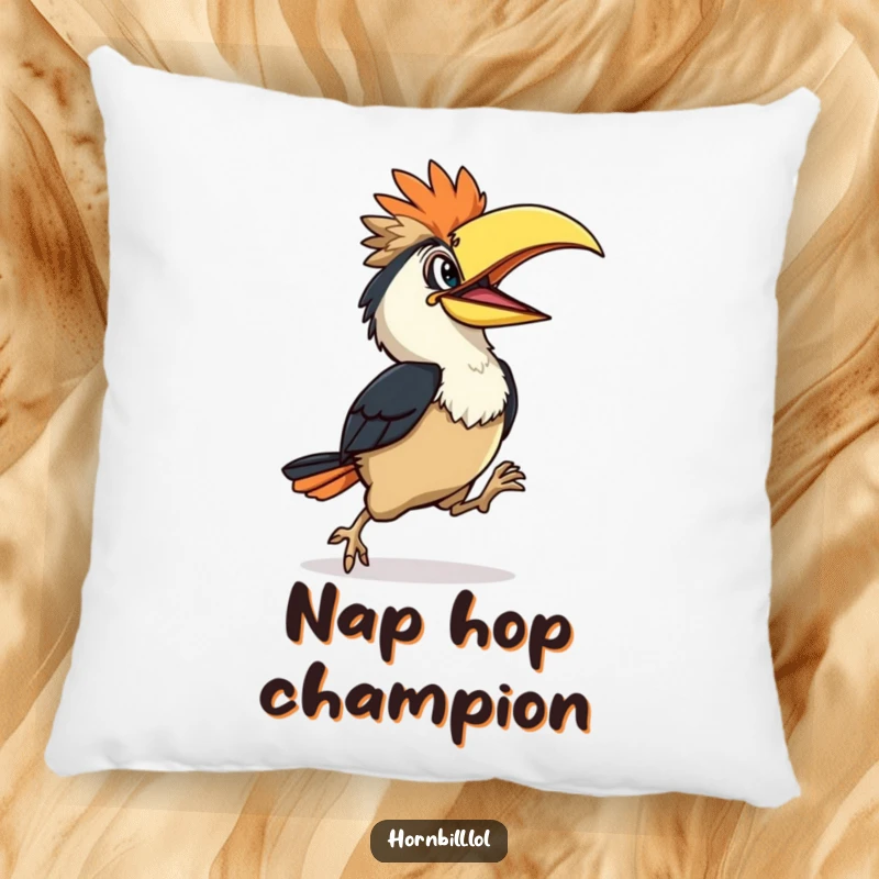 Funny Hornbill Pillow: Cute hornbill character hopping happily and clumsily, soft and plush, perfect funny gift.
