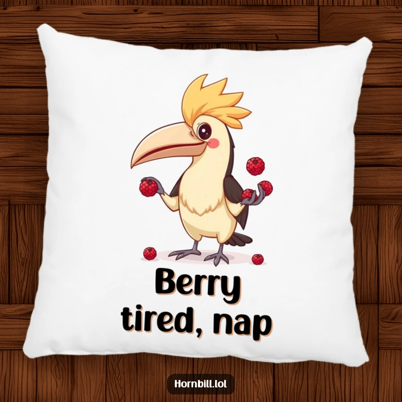 Funny Hornbill Juggler Pillow, featuring a comical bird juggling berries, designed for comfort and lightheartedness.