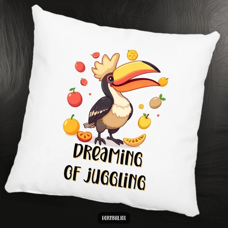 Funny Hornbill Pillow: A joyful hornbill in mid-juggle, tossing colorful fruits with its large beak, perfect for adding humor.