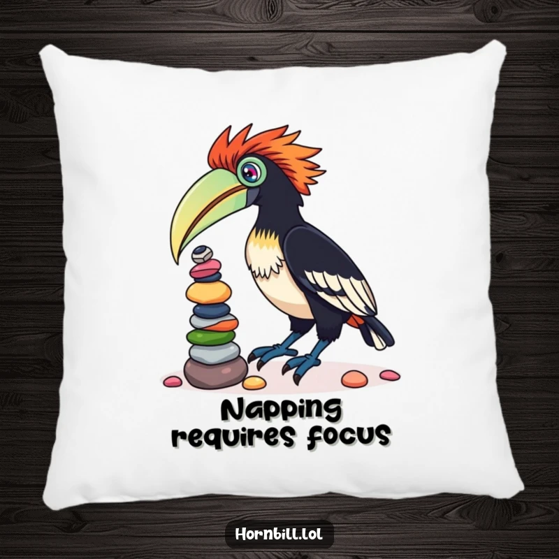 Funny pillow featuring a cute hornbill bird attempting to balance a tall stack of colorful pebbles on its beak, adding a touch of humor.