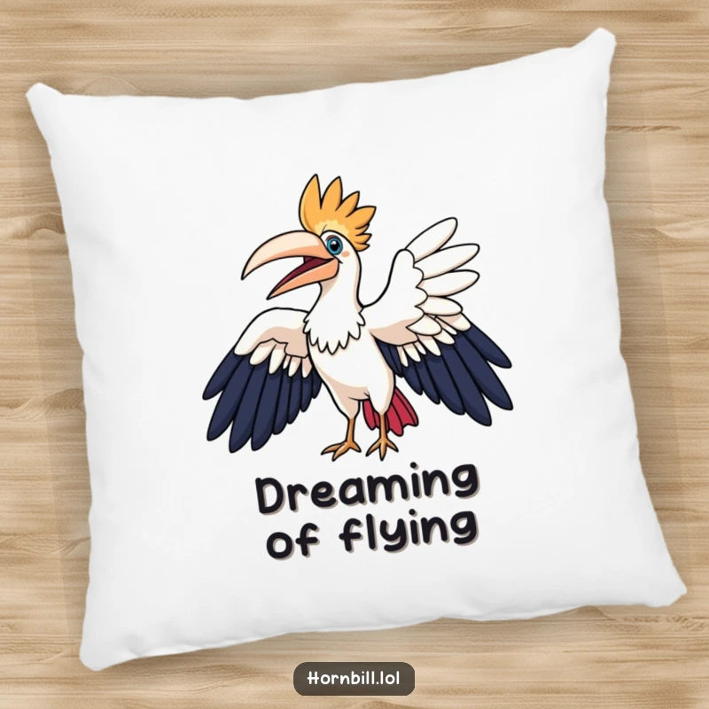 Funny hornbill pillow, a hornbill character happily flapping its wings, offering comfort and whimsical decor.