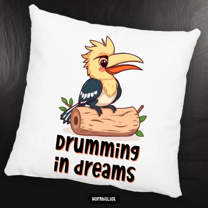Funny Pillow: Soft cushion featuring a happy hornbill bird creating music by pecking a log, perfect for music lovers.