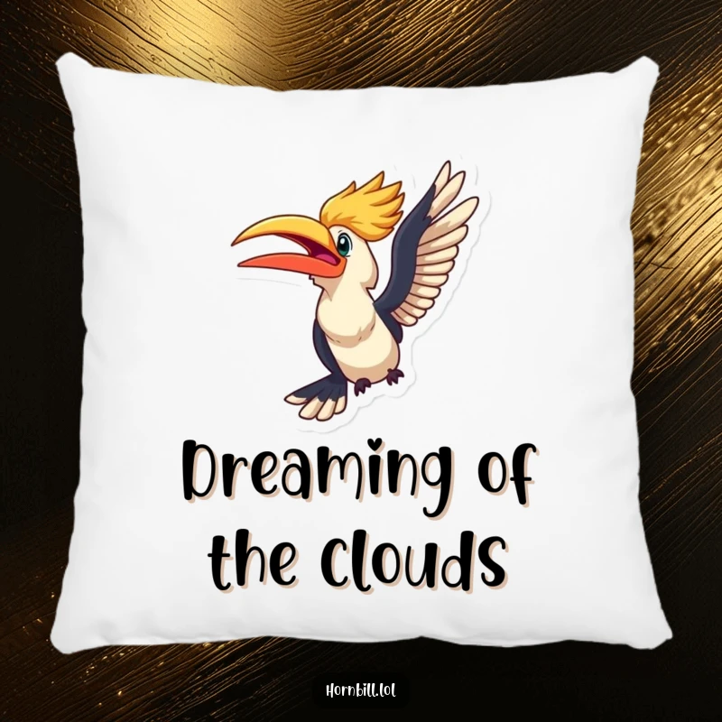 Funny kawaii hornbill looking excited, about to take flight, featured on a soft and comfy throw pillow.