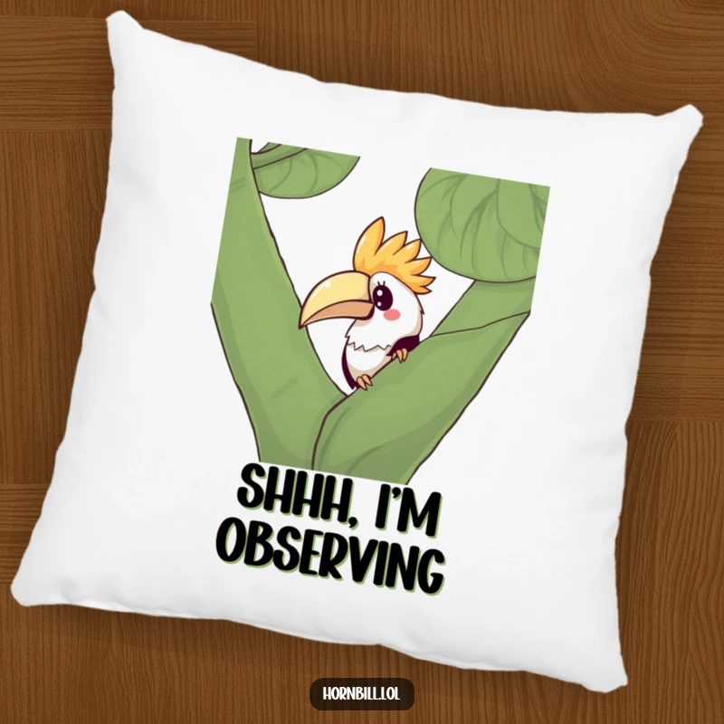 Funny Kawaii Hornbill Pillow featuring a cute bird peeking from behind a leafy branch, offering comfort and humor.