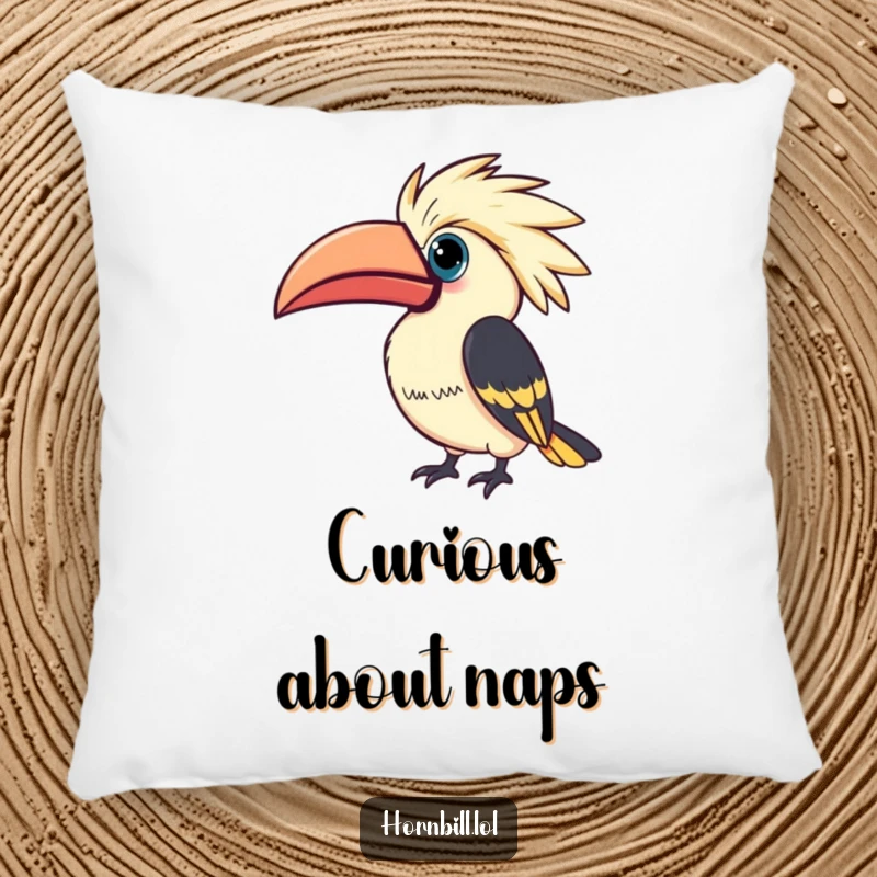 Funny Kawaii Hornbill Pillow: Cute hornbill tilting casque curiously, soft and plush, funny gift.