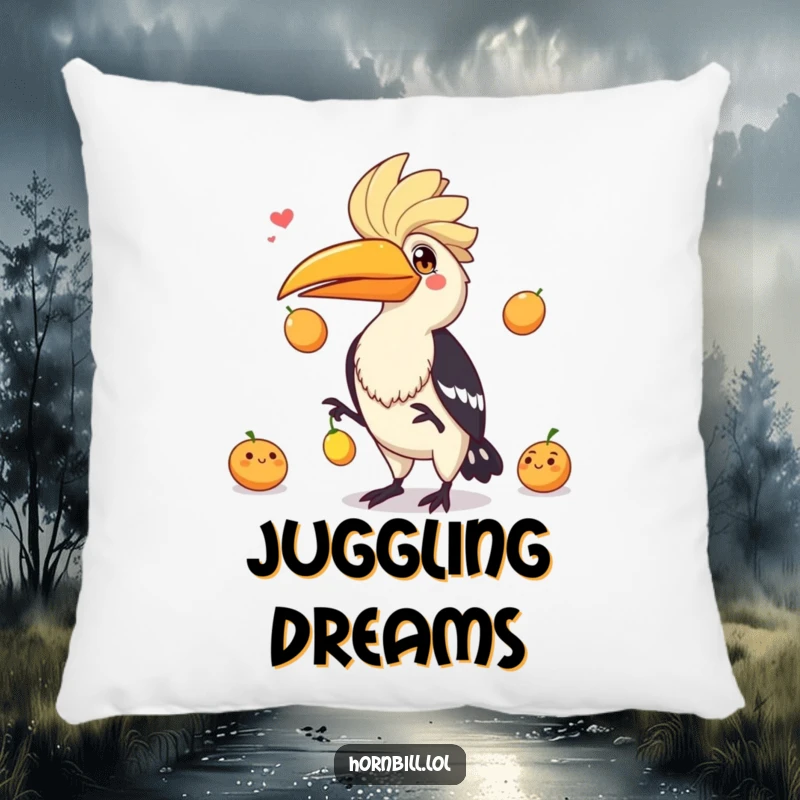 Funny hornbill with a playful expression juggling three fruits, a delightful and humorous accent pillow for any room.