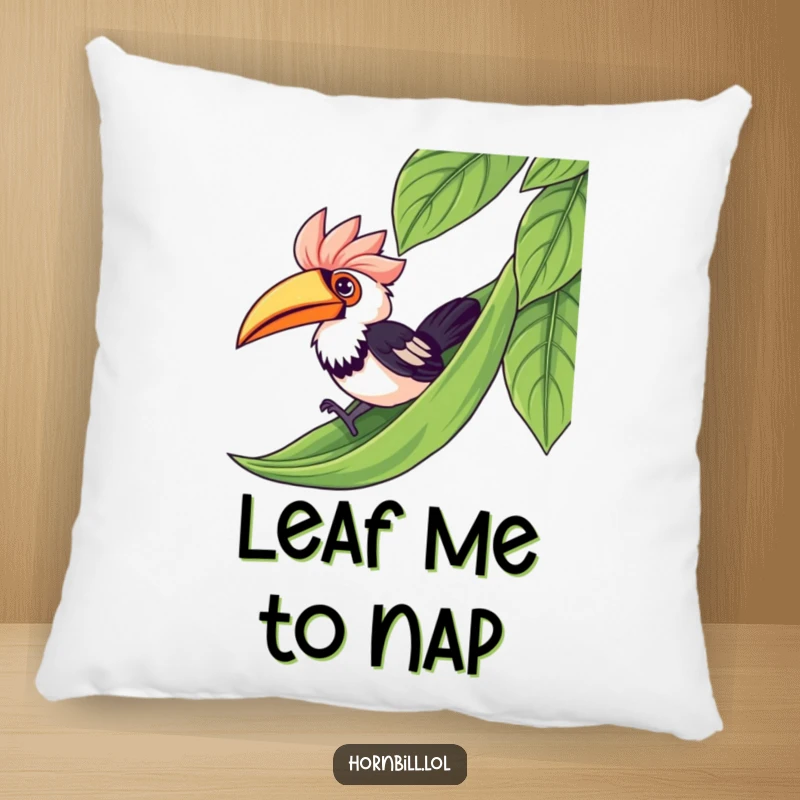 Funny kawaii hornbill in mid-slide on a leaf, a soft and humorous accent pillow for sofas and beds.