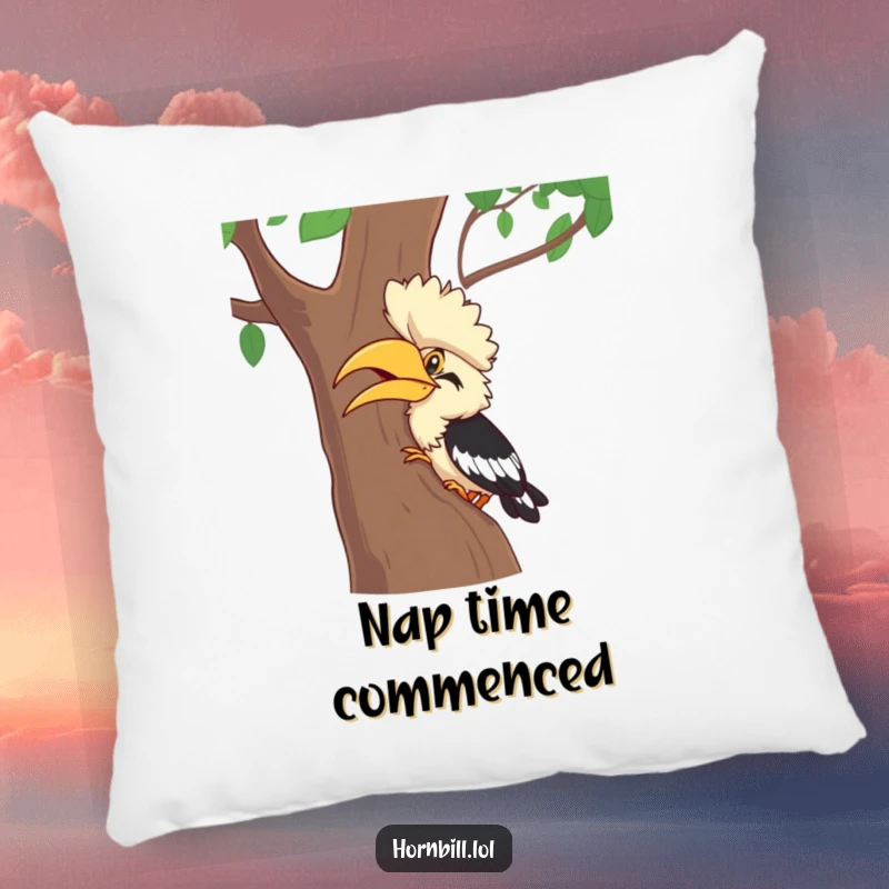 Funny Hornbill Pillow: A soft cushion featuring a hornbill character giggling while playing hide-and-seek behind a tree, a funny gift.
