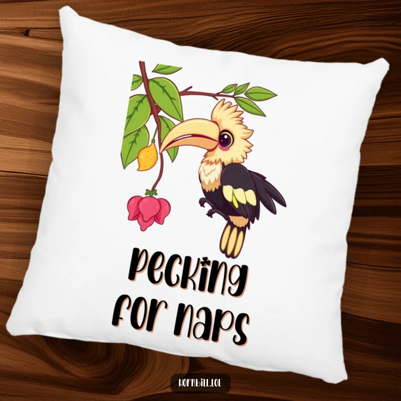 Funny kawaii hornbill pillow, showing a cute bird playfully pecking at a vine, providing comfort and humor.