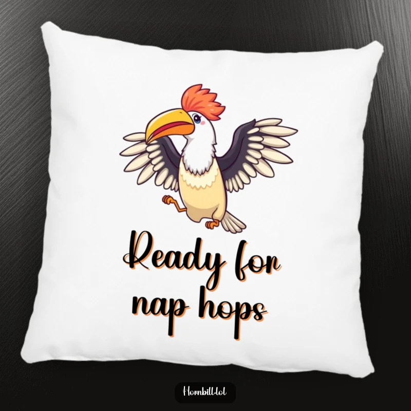 Funny Hornbill Celebration Pillow: A soft pillow depicting a joyous bird with wings spread wide, doing a happy little hop.