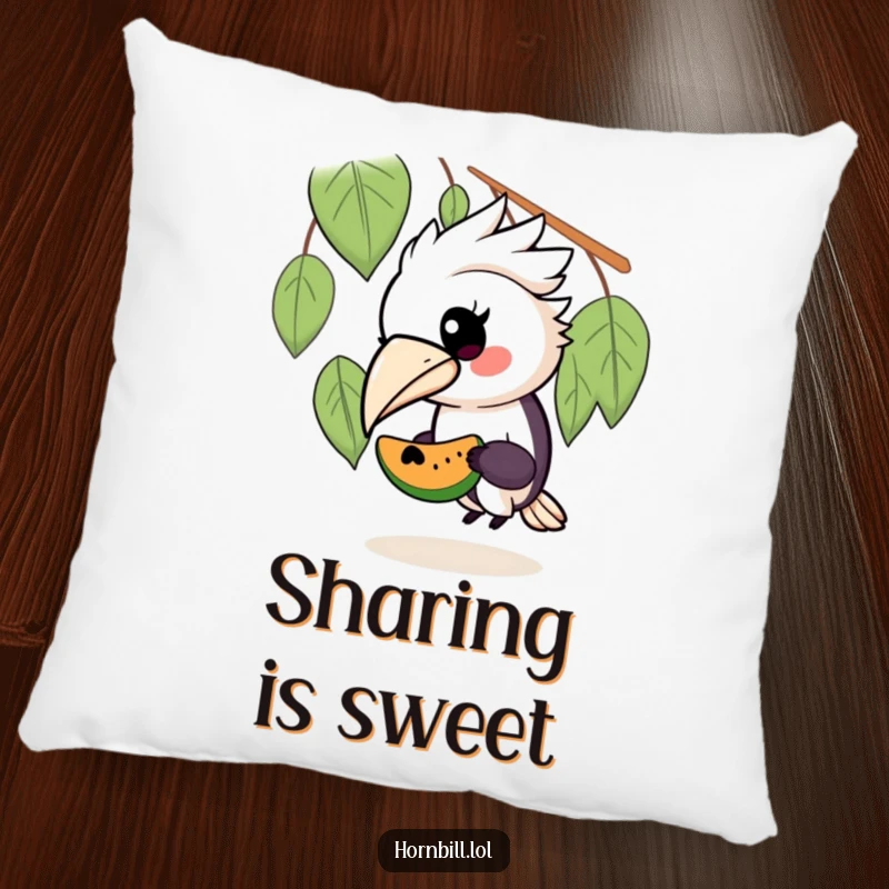 Funny pillow showcasing a kawaii hornbill bird sharing a fruit treat with a tiny, happy friend, offering cozy and humorous decor.