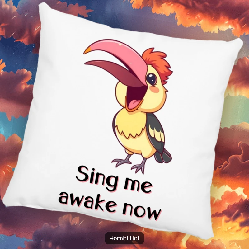 Funny Pillow featuring a cute hornbill enthusiastically singing, its beak wide open, bringing melodic comfort and joy.