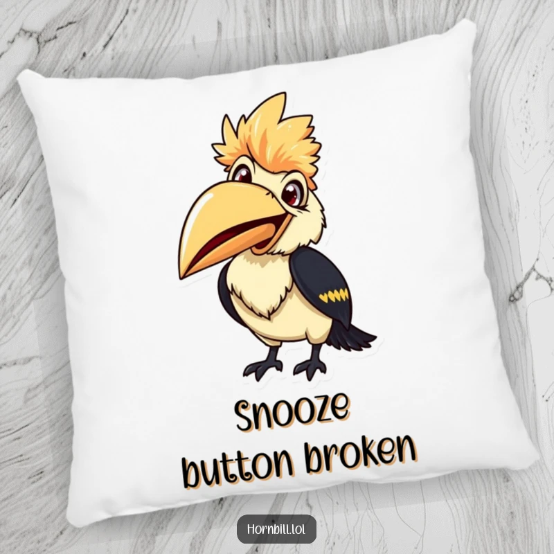 Smiling hornbill pillow, beak wide open, ready to chirp, adding cheerful and funny comfort to any space.