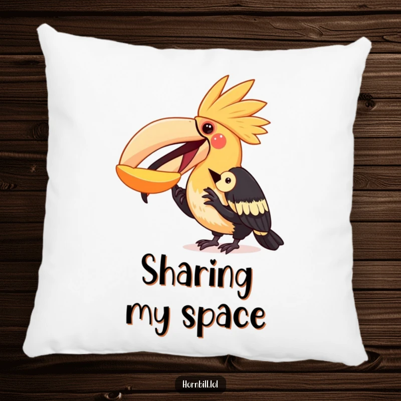 Funny hornbill pillow depicting a bird generously sharing fruit with a smaller bird, offering soft comfort and a heartwarming visual.