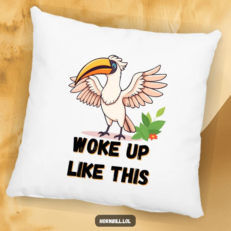 Funny Happy Hornbill Pillow: A joyful hornbill stretches its wings in the sun, providing plush comfort and funny, cheerful vibes.