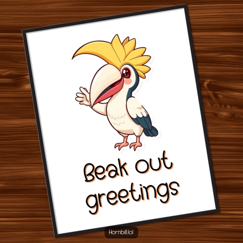 Funny Digital Art Print: A happy hornbill bird with a large casque making a friendly, inviting wave, ready for download.
