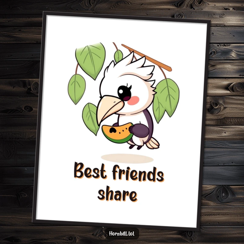 Funny digital art print of a kawaii hornbill bird sharing fruit with a tiny friend, capturing a moment of sweet generosity.