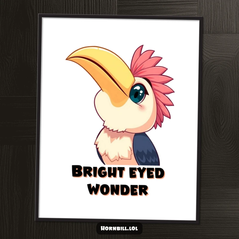 Funny happy hornbill with wide, bright eyes looking up at the sky, a symbol of hope and joy in this digital art.