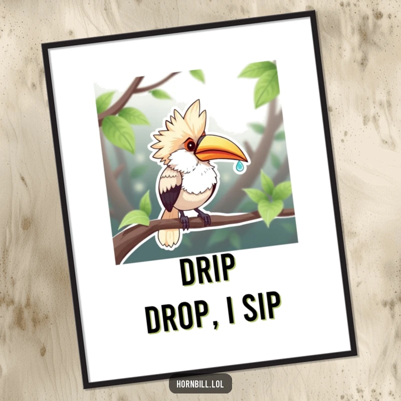 Funny Chubby Hornbill Digital Art: A plump hornbill cheerfully sips a dewdroplet, creating a humorous and charming visual.