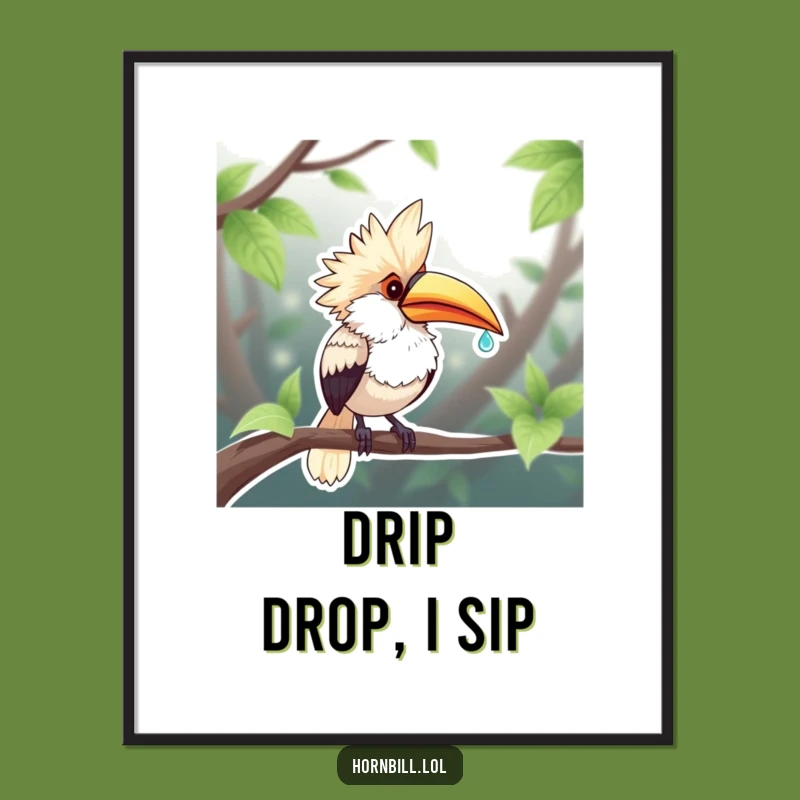 Funny Chubby Hornbill Dewdrop Sip Digital Art - Instant Laughs for Your Walls