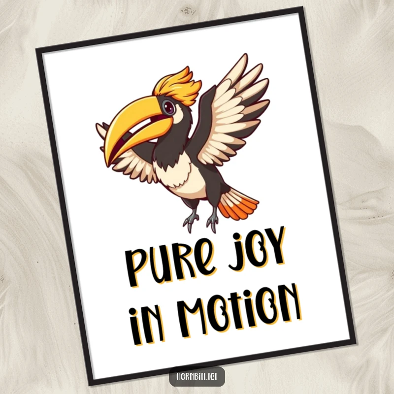 Funny Adorable hornbill captured mid-flap with ecstatic joy, available as a downloadable digital art print.