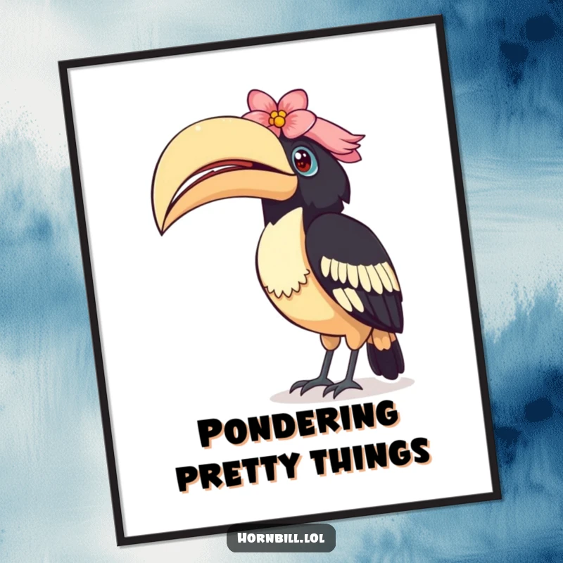 Funny Curious Hornbill Digital Art: High-resolution art of a bird tilting its head curiously, its casque decorated with a flower.