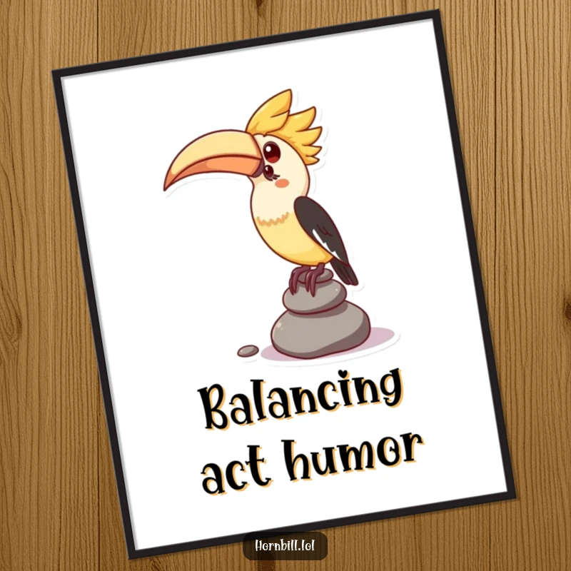 Funny digital art print of a kawaii hornbill character attempting to balance a stack of small pebbles, ready to frame.