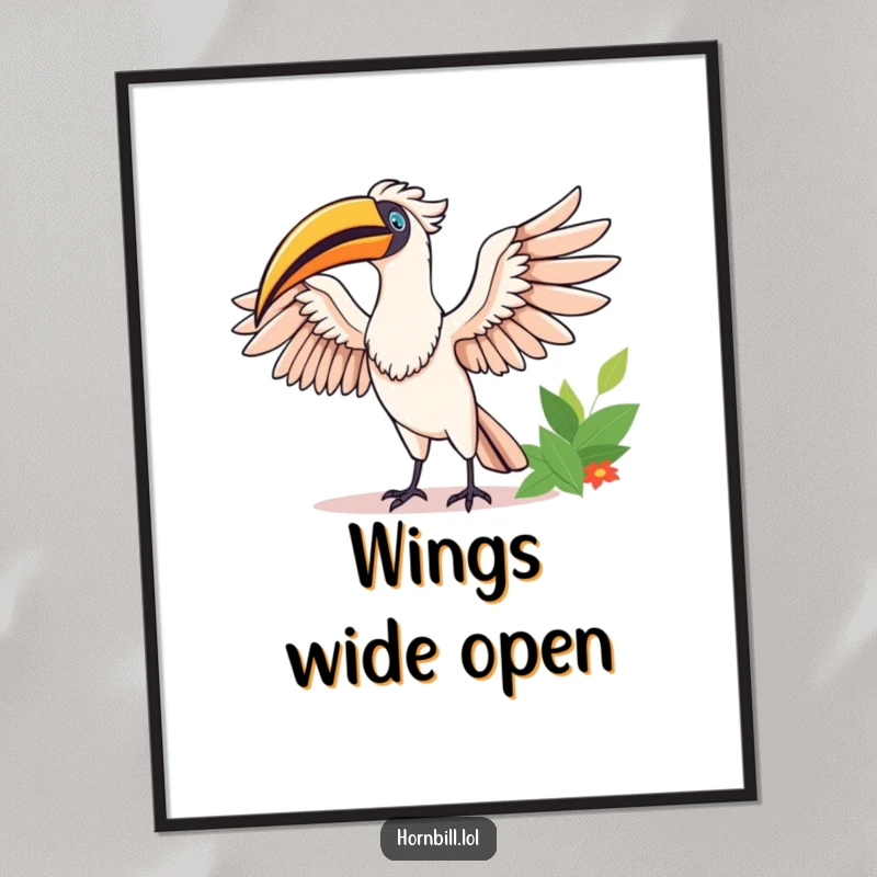 Funny Happy Hornbill Digital Art: A cheerful hornbill stretches its wings in the sun, creating a funny and uplifting visual.