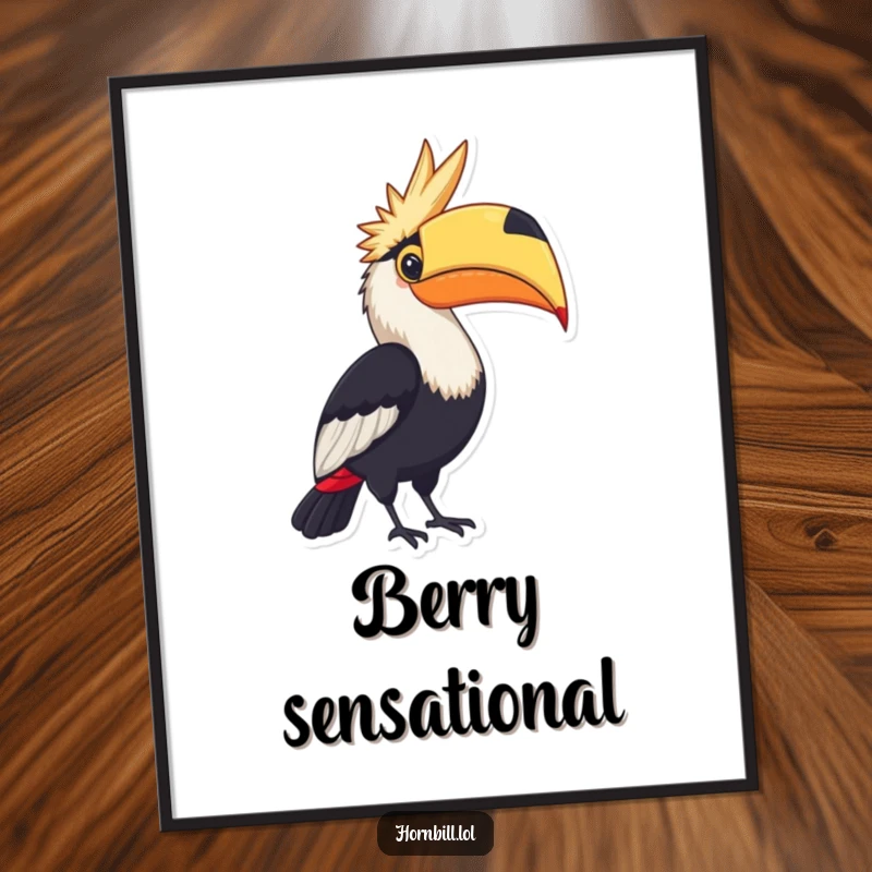 Funny Digital Art Print: A hornbill proudly displaying a large, colorful berry, bringing instant pride.