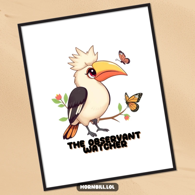 Funny Hornbill Digital Art Print: Hornbill with bright eyes watching butterfly, serene illustration, instant funny gift.
