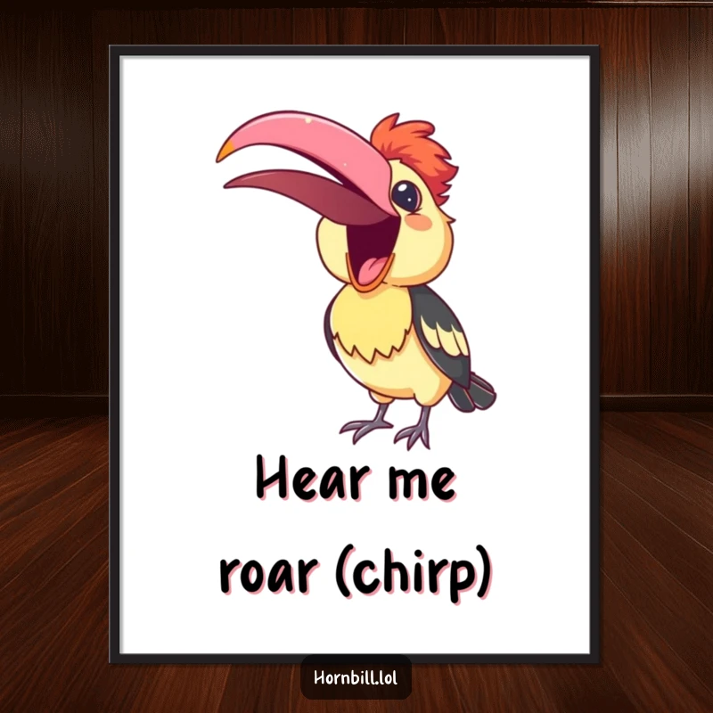 Funny Digital Art Print of a cute hornbill with its beak open, singing a cheerful song, ready to bring smiles.
