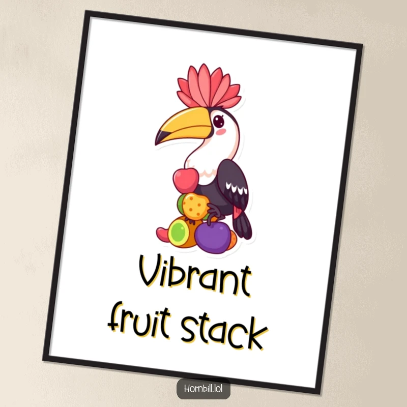 Funny hornbill digital art print, a kawaii bird balancing colorful fruits, a charming and humorous illustration for easy printing.