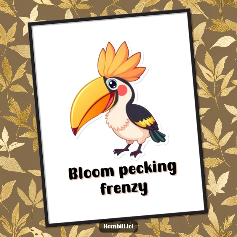 Funny Hornbill Flower Peck Digital Art, an illustration of an excited hornbill eagerly pecking at a vibrant, oversized flower.