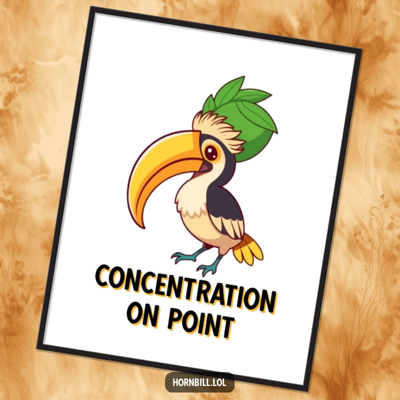 Funny Hornbill Fruit Balancer Digital Art, an illustration of a determined bird with a huge fruit balanced on its beak.