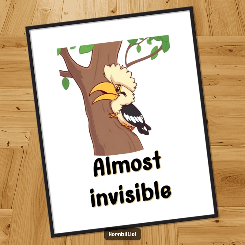 Funny Hornbill Digital Art Print: A hornbill character giggling while playing hide-and-seek behind a tree, a funny gift.