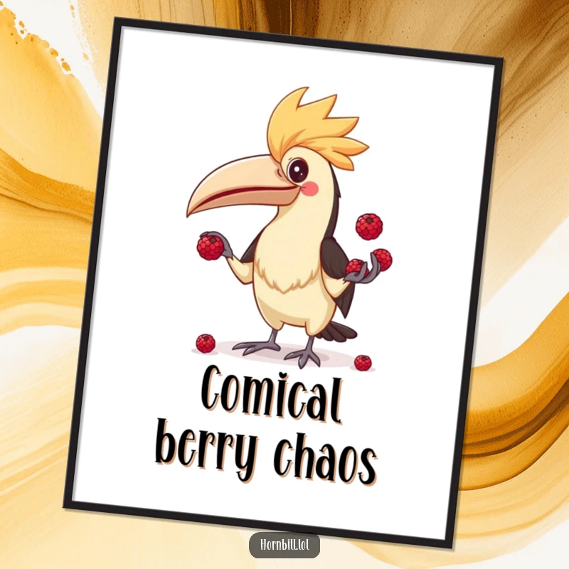 Funny Hornbill Juggler Digital Art, an illustration of a hornbill with a comical expression juggling small berries.