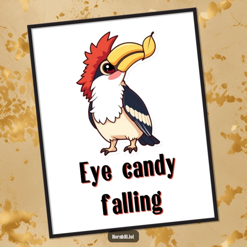 Funny Hornbill Leaf Watcher Digital Art: A hornbill with bright eyes gazes at a falling leaf, creating a funny, captivating scene.