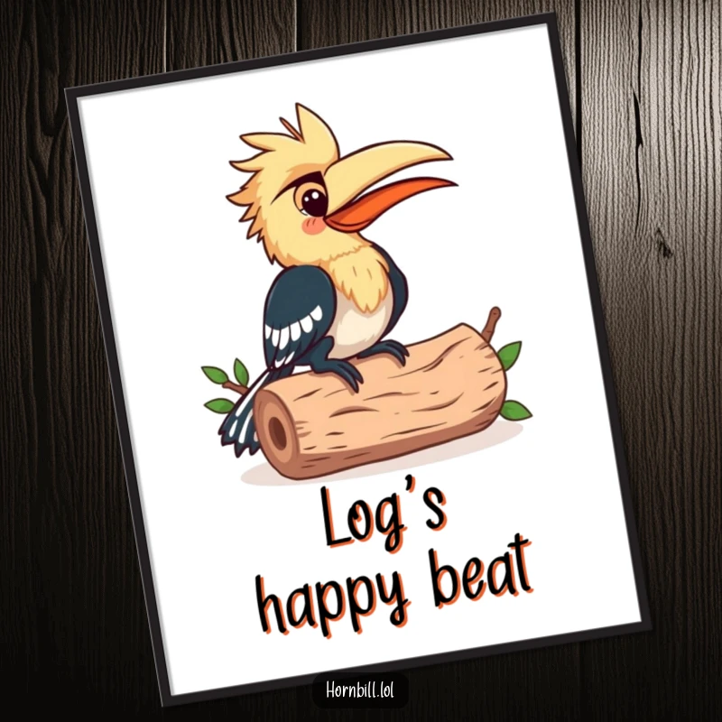 Funny Digital Art Print: A happy hornbill bird rhythmically pecking a hollow log, creating joyful music.