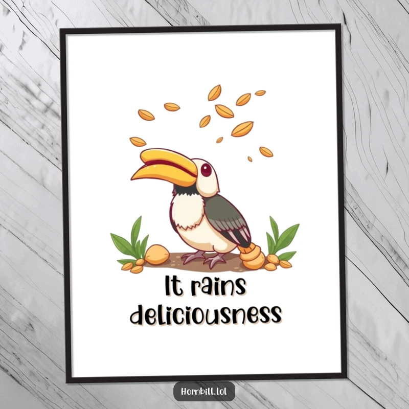Funny Digital Art Print of a small hornbill looking up with wide eyes filled with wonder at flying seeds.